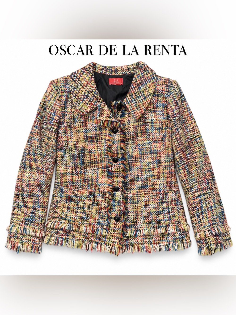 Vintage Oscar de la Renta Multicolor Bouclé Tweed Fringe Blazer Jacket